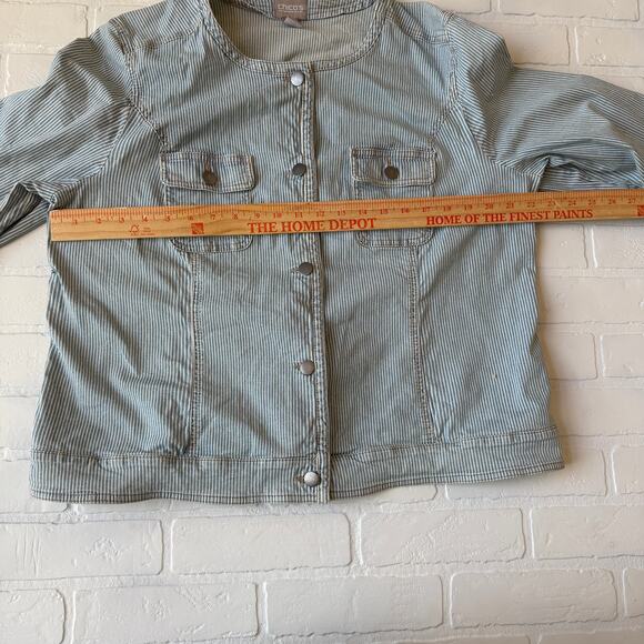 Chico's Blue White Pinstripe Denim Style Cotton Button Jacket sz 12/14 2 - Picture 4 of 6